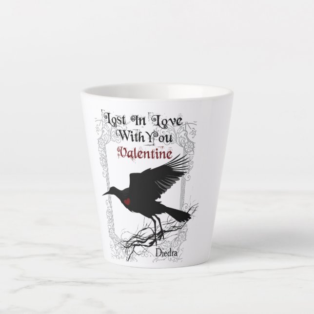 Goth Black Crow and Lace Valentine Latte Cup Milchtasse (Vorderseite)