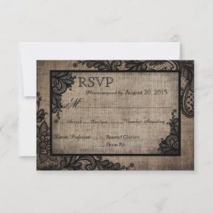 Goth Black Lace Rustic Burlap RSVP Karte