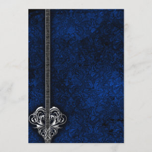 Goth Blue Damask Silver Herz Hochzeit Einladung