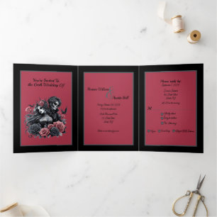 Goth Bride und Groom Black Pink Gray Tri-Fold Invi Dreifach Gefaltete Einladung