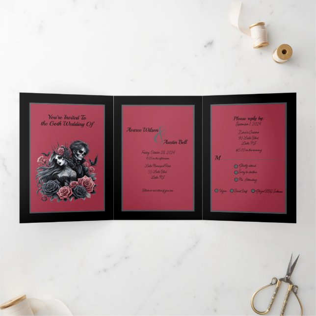 Goth Bride und Groom Black Pink Gray Tri-Fold Invi Dreifach Gefaltete Einladung (Innenseite)