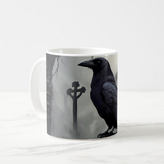 Goth Coffee Mugs mit Raven im Friedhof Kaffeetasse (Vorderseite Links)