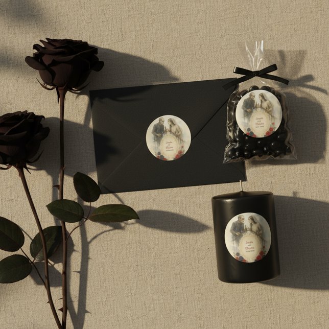 Goth Couple Zombie Halloween Wedding Runder Aufkleber (Goth Couple Zombie Halloween Wedding Classic Round Sticker Uses
)