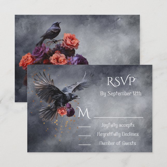 Goth Crow Floral Wedding Response Cards UAWG Einladung (Vorne/Hinten)