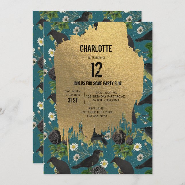 Goth Crows & Black Rose Aquamarin Halloween Geburt Einladung (Vorne/Hinten)