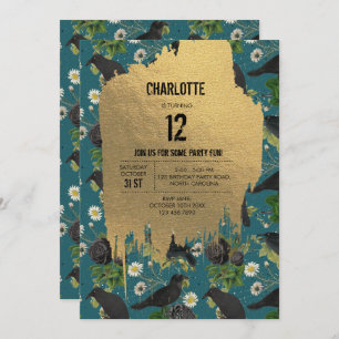 Goth Crows & Black Rose Aquamarin Halloween Geburt Einladung