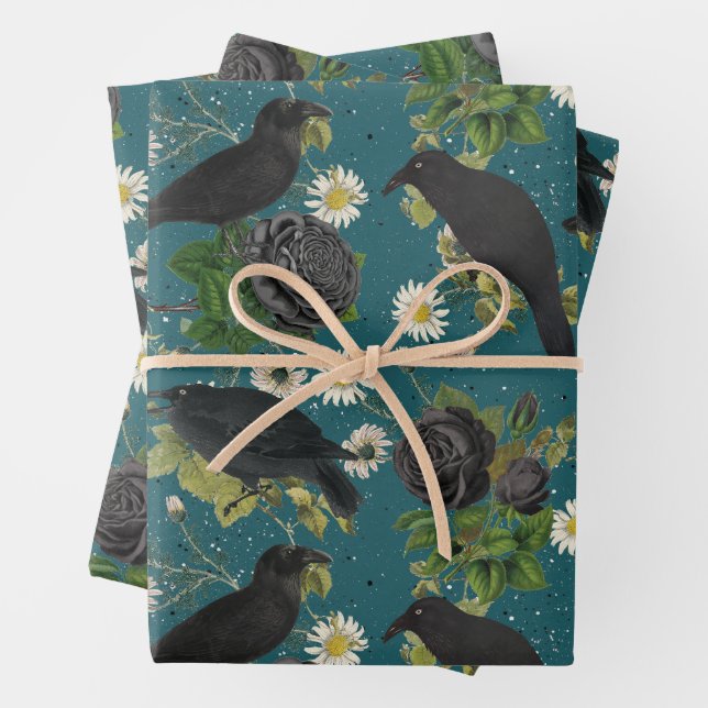 Goth Crows & Black Rose Tief Aquamarines Muster Geschenkpapier Set (Beispiel)