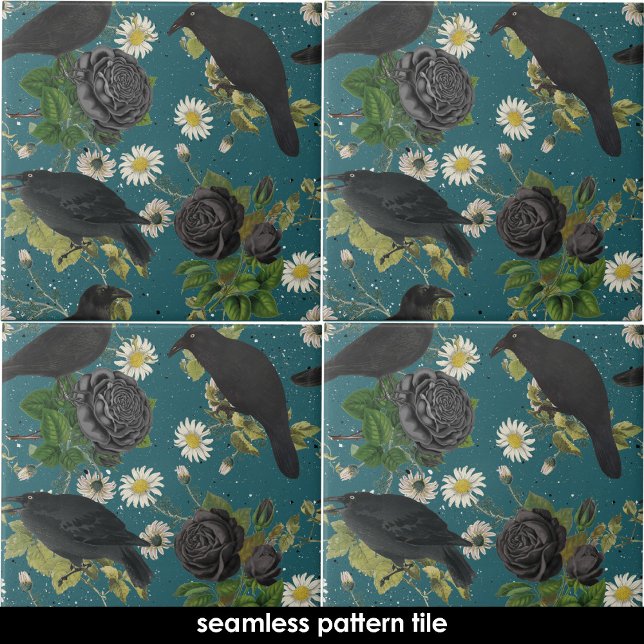 Goth Crows Black Rose Tief Aquamarines nahtloses M Fliese (Black Crows & Roses Deep Teal Seamless Pattern Ceramic Tile)