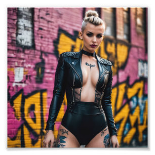 Goth Cyber Punk Girl Graffiti Alley Black Leather Fotodruck