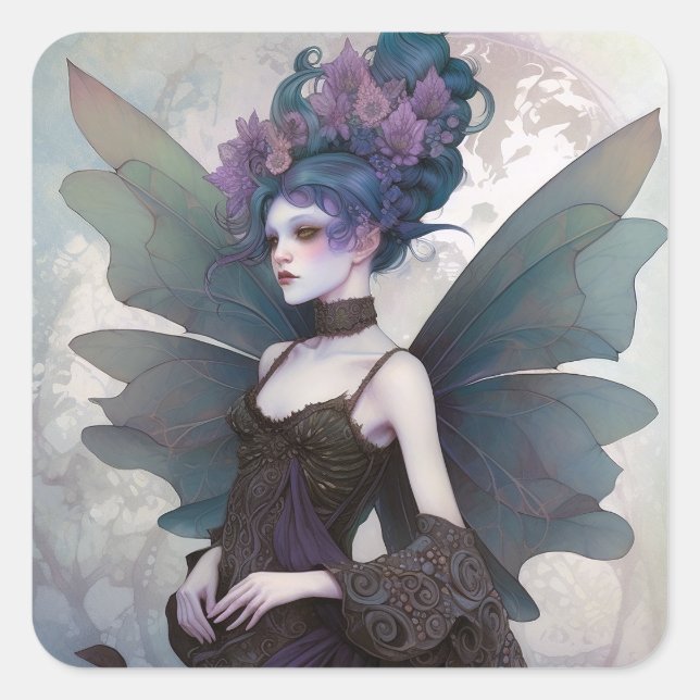 Goth Dark Fairy Girl Fantasy Art Quadratischer Aufkleber (Vorderseite)