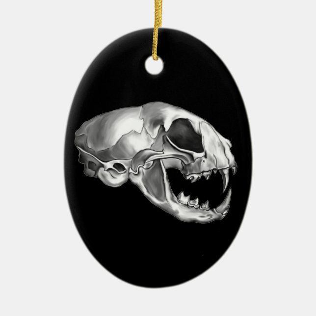 Goth Dead Cat Skull Silver Feline Skelett Keramikornament (Vorne)