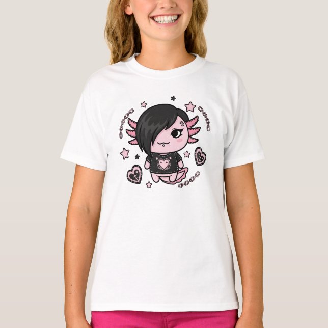 Goth E-Girl Axolotl with Pink Chains and Hearts T-Shirt (Vorderseite)