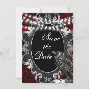 Goth Frame, Crow and Lights on Red Gothic Wedding Save The Date