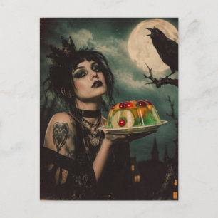 Goth-Frau mit einem Retro-Geleesalat und einer Krä Postkarte