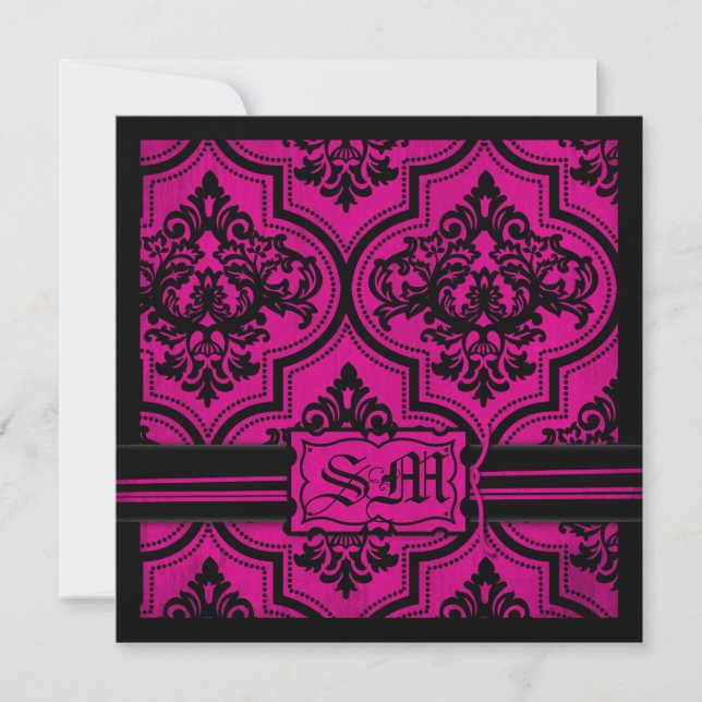 Goth Fuchsia Black Damask Einladungen (Vorderseite)