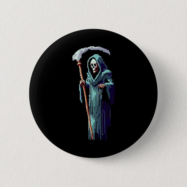 Goth-Gamer 8-Bit-Pixel-Art-Videospiel Sensenmann  Button (Vorderseite)