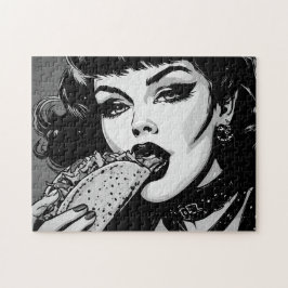 Goth-Girl der 50er BW-Grafikstyle isst einen Taco Puzzle