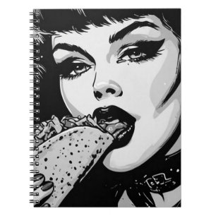 Goth-Girl der 50er Jahre im BW-Grafikstil isst ein Notizblock