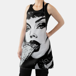Goth-Girl der 50er Jahre im Grafikstil isst einen Schürze