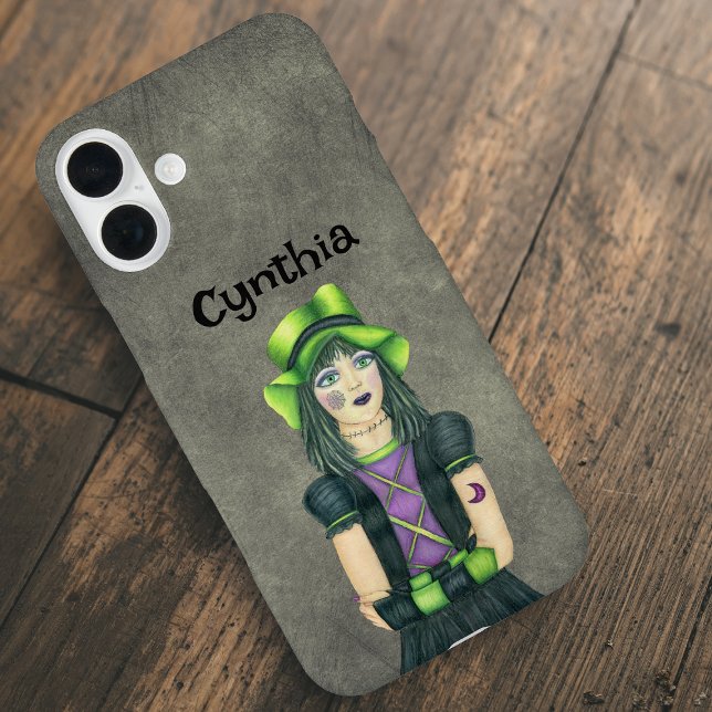 Goth Girl Green Black Hair Tattoos Grey Case-Mate iPhone Hülle (Goth girl green hat  and hair with spiderweb and moon tattoos on yellow grey iPhone case.)