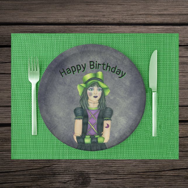 Goth Girl Green Hair Tattoos Dark Grey Birthday Pappteller (Pretty Goth girl green hair hat tattoos on grey glowing green Happy birthday paper party plates.)