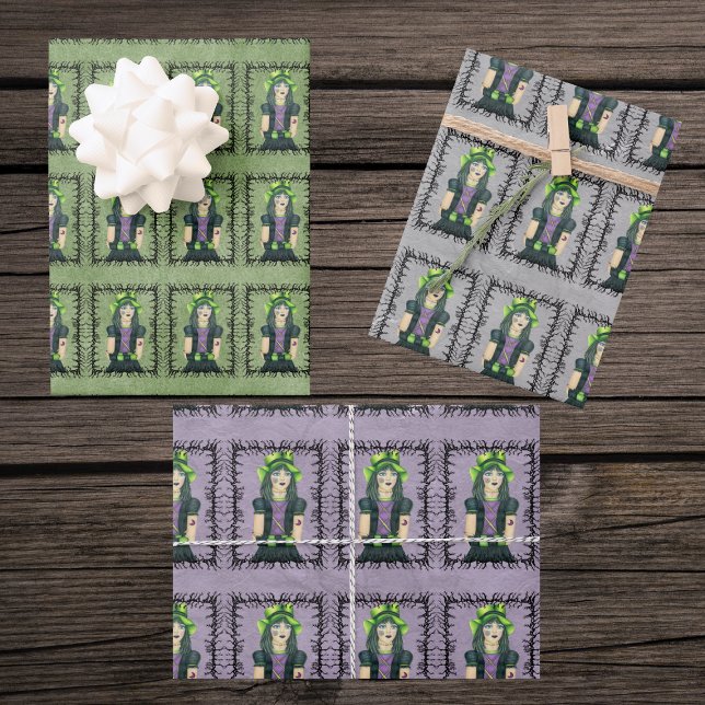 Goth Girl Green Hat Tattoos in Barbed Branch Frame Geschenkpapier Set (Cute Goth Girl green hat tattoos black barbed branch frame on green, grey and purple gift wrap sheet)