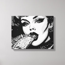 Goth-Girl im Grafikstil der 50er Jahre isst einen Leinwanddruck