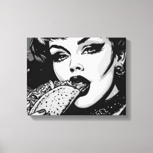 Goth-Girl im Grafikstil der 50er Jahre isst einen  Leinwanddruck