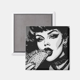 Goth-Girl im Grafikstil der 50er Jahre isst einen Magnet