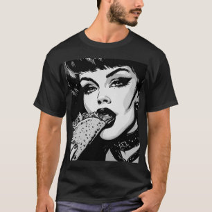 Goth-Girl im Grafikstil der 50er Jahre isst einen T-Shirt