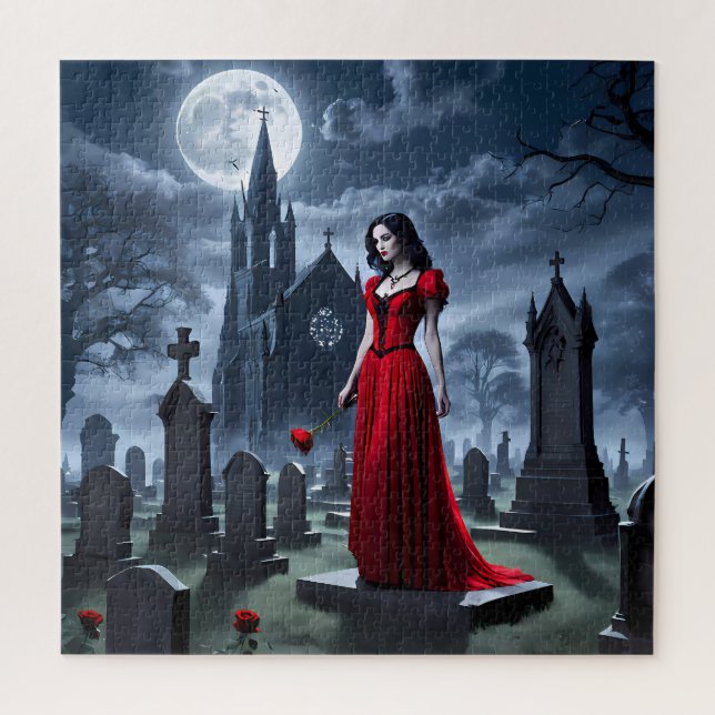 Goth girl, in einem fließenden roten Kleid - Jigsa Puzzle (Vertikal)