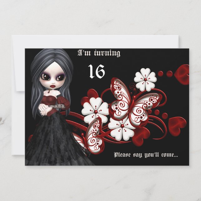Goth Girl mit Schmetterlingen Sweet 16 Geburtstag Einladung (Vorderseite)