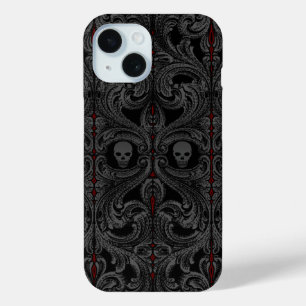 Goth-Grau-Ornament mit Totenkopf iPhone 15 Hülle