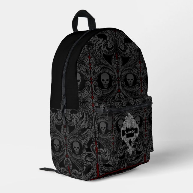 Goth Gray Ornament mit Skull Personalisiert Bedruckter Rucksack (Rückseitige Ecke links)