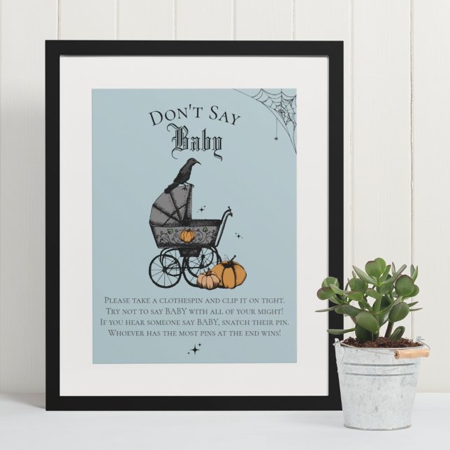 Goth Halloween Say Baby Blue Shower Game nicht Poster (Elegant & Whimsical Gothic Baby Shower Game Poster. Frame Not Included. Hand-Drawn Illustrations.)