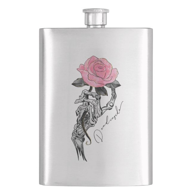 Goth Hand Skelett mit rosa Rose | Toter Innen Flachmann (Vorderseite)