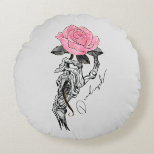 Goth Hand Skelett mit rosa Rose   Toter Innen Rundes Kissen