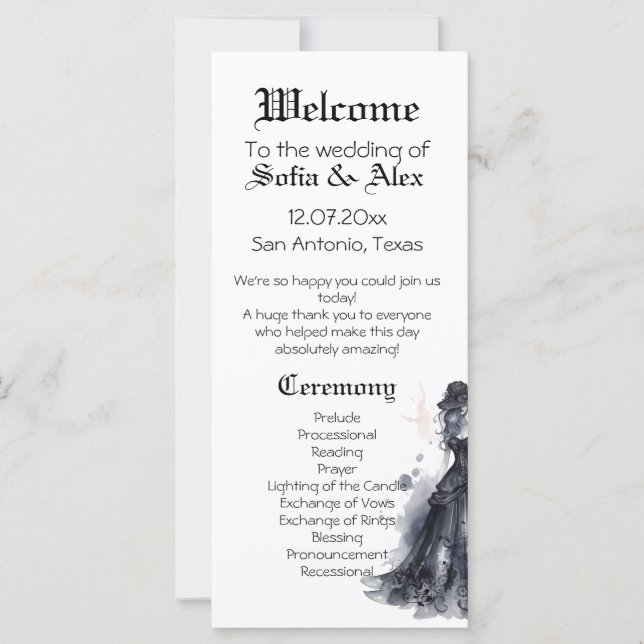 Goth Hochzeit Schwarz Kleid Aquarell Rose Programm (Vorderseite)