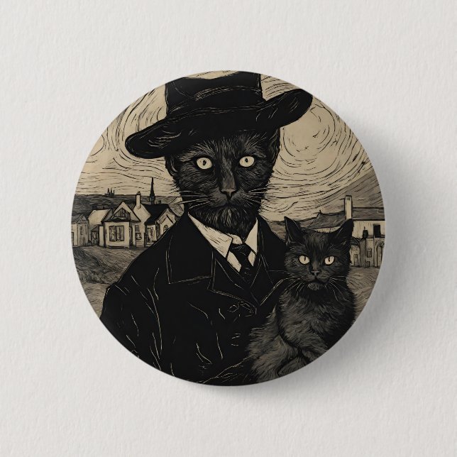 Goth Katze Vincent Van Gogh Schwarze Katzen Button (Vorderseite)