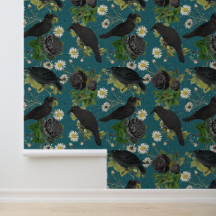 Goth Krähen & schwarze Rosen tiefblaue Muster Tapete