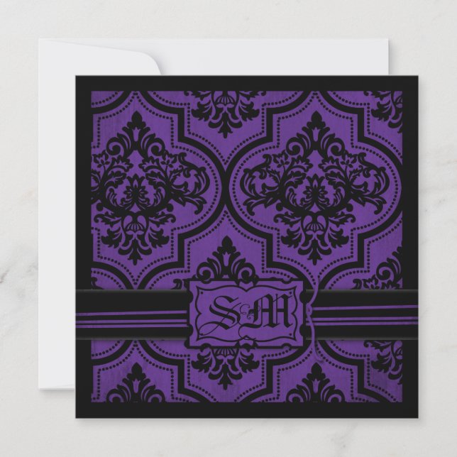 Goth Lila Black Damask Hochzeitseinladungen Einladung (Vorderseite)