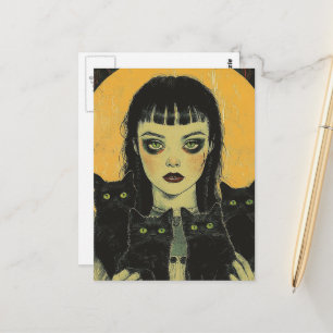 Goth-Mädchen mit vier schwarzen Katzen Postkarte