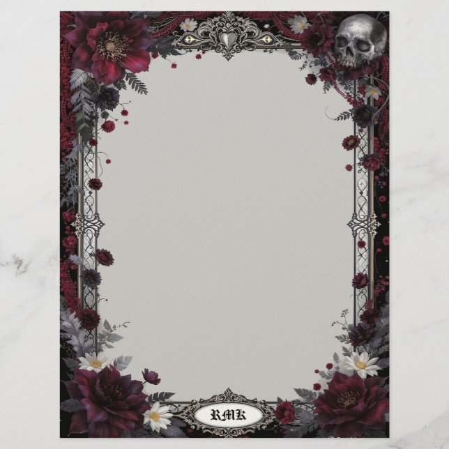 Goth mit roten und weißen Blumen und Schädel-Papet Briefbogen (Vorderseite)