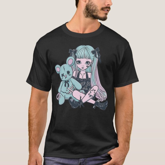 Goth Pastel Kawaii Anime Girl with Voodoo doll Ted T-Shirt (Vorderseite)