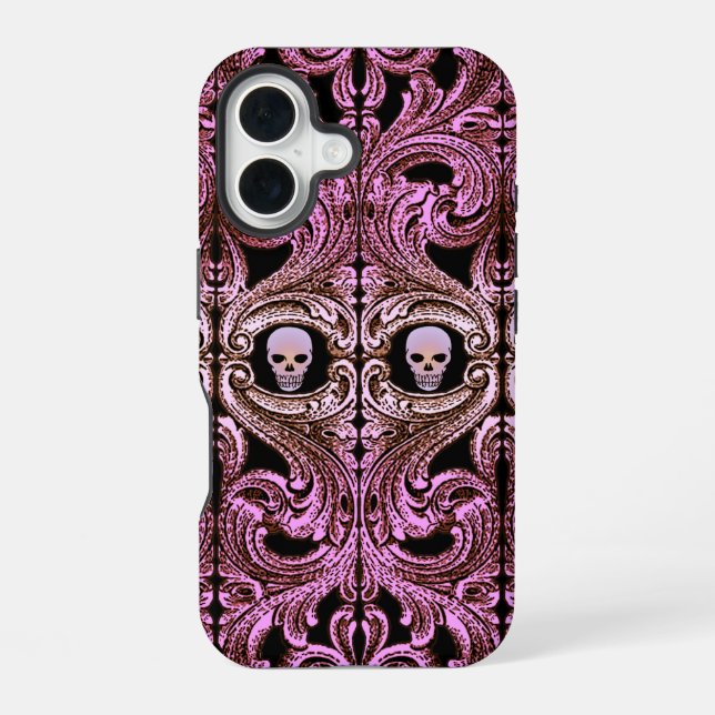 Goth Pink Ornament mit Skull iPhone 16 Hülle (Rückseite)