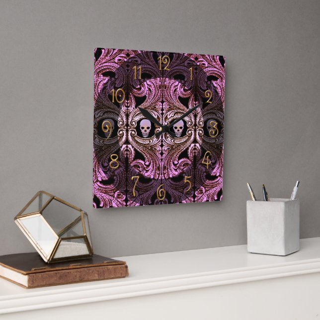 Goth Pink Ornament mit Skull Quadratische Wanduhr (Büro)