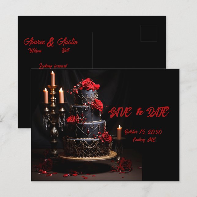 Goth Red Black Rose Hochzeitstorte Save the Date Postkarte (Vorne/Hinten)