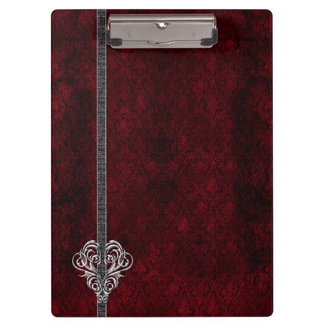 Goth Red Damask Silver Heart Klemmbrett (Vorderseite)