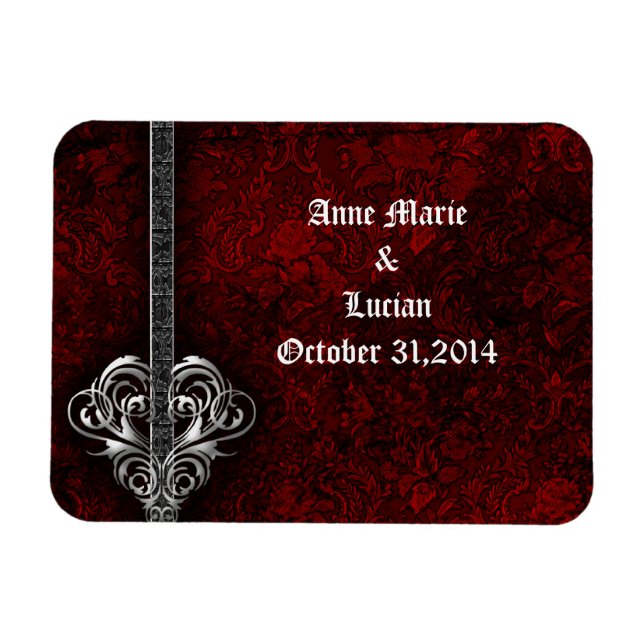Goth Red Damask Silver Heart Save the Date Magnet (Horizontal)