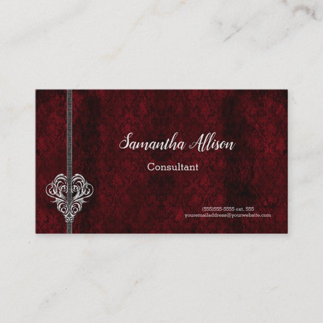 Goth Red Damask Silver Heart Visitenkarte (Vorderseite)